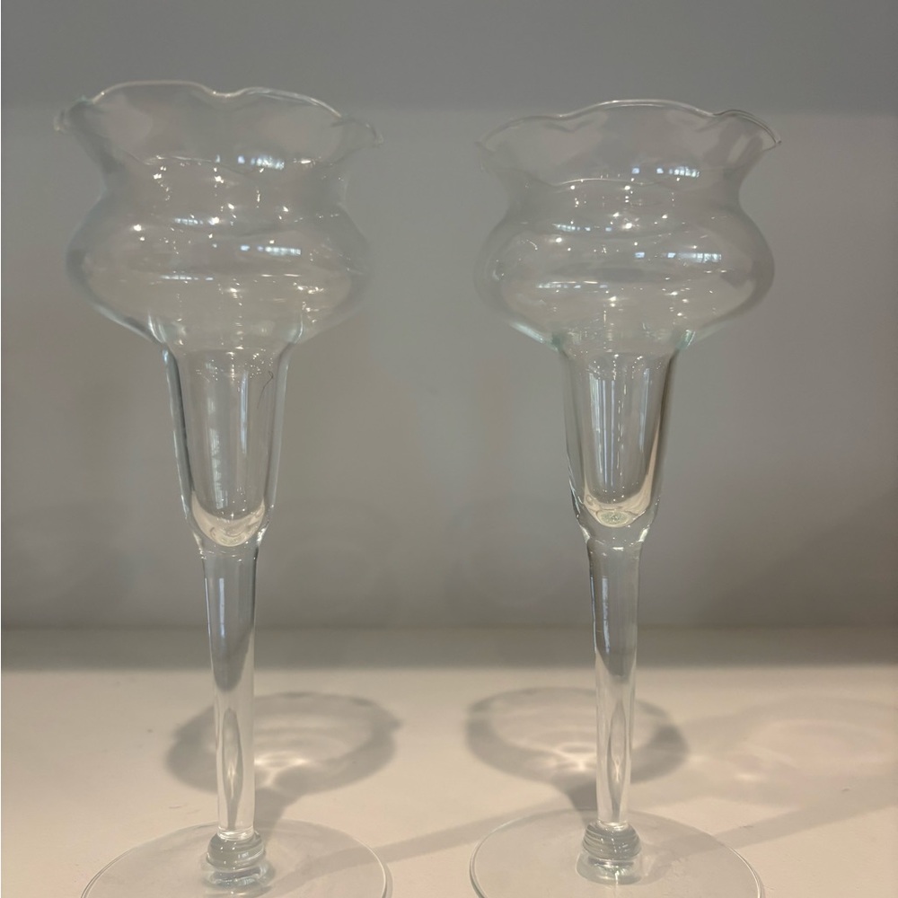 Pair of Vtg Princess House Handblown Crystal Fluted Stemmed Candlestick Holders